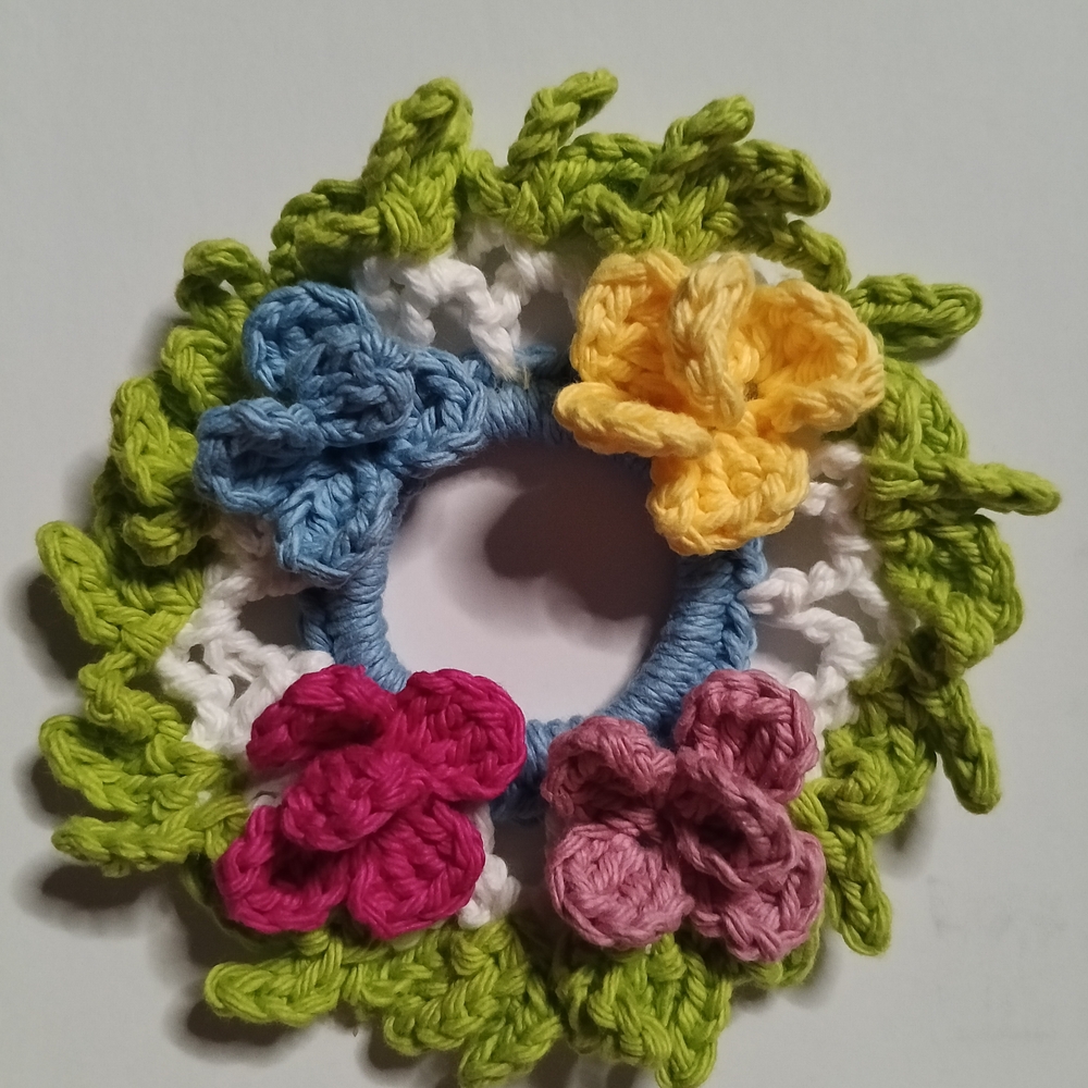 Handmade Multicolor Floral Crochet Hair Scrunchie. 100% Cotton
